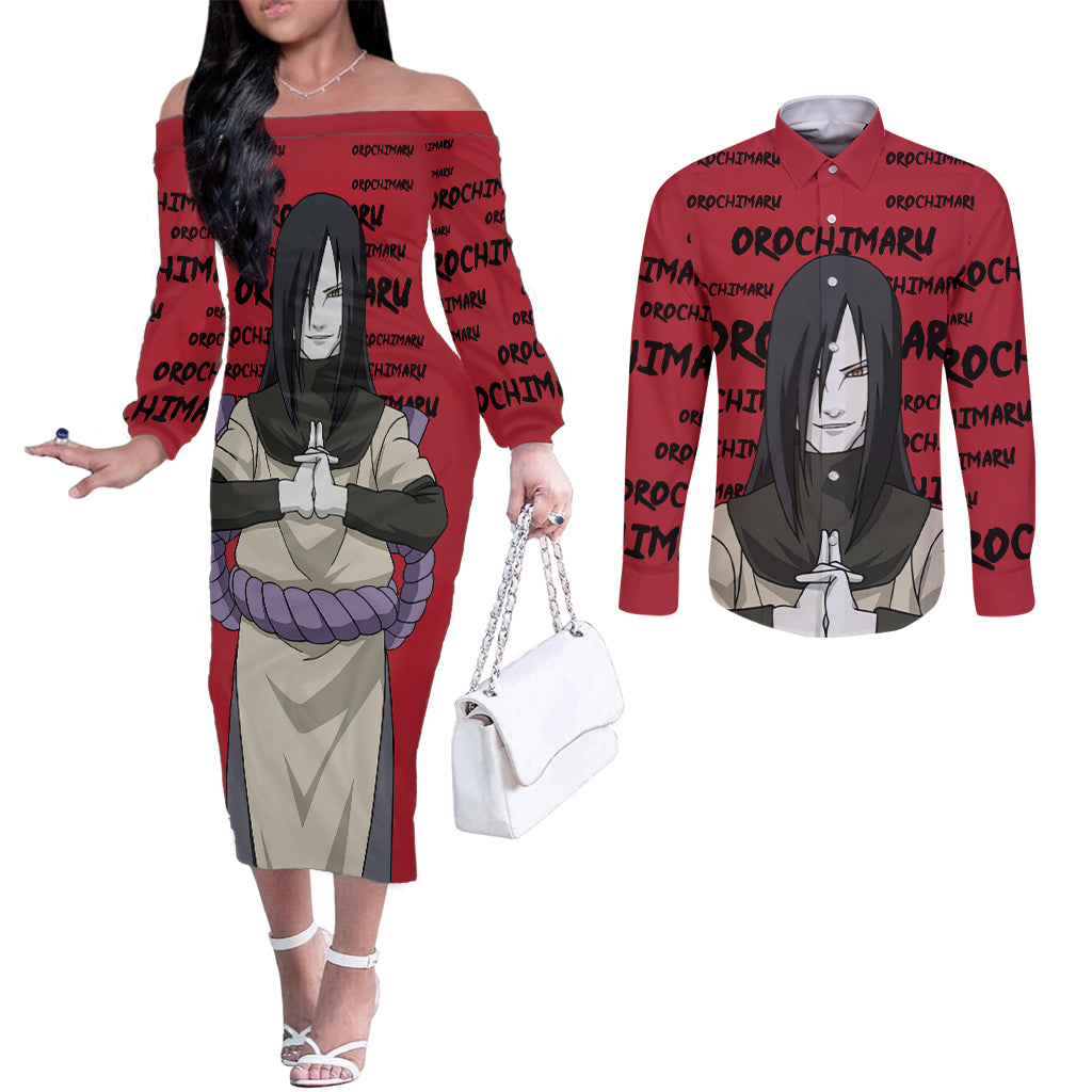 Orochimaru Anime Style Manga Couples Matching Off The Shoulder Long Sleeve Dress and Long Sleeve Button Shirt