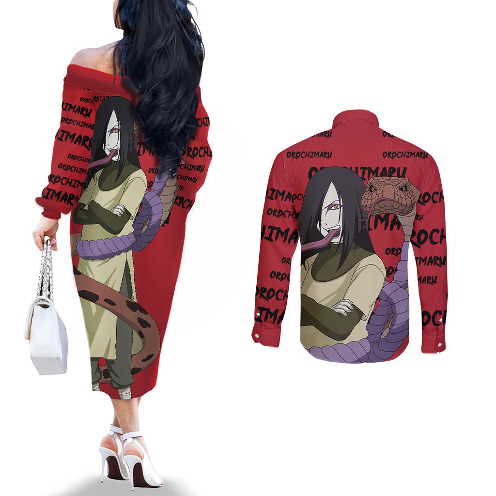 Orochimaru Anime Style Manga Couples Matching Off The Shoulder Long Sleeve Dress and Long Sleeve Button Shirt