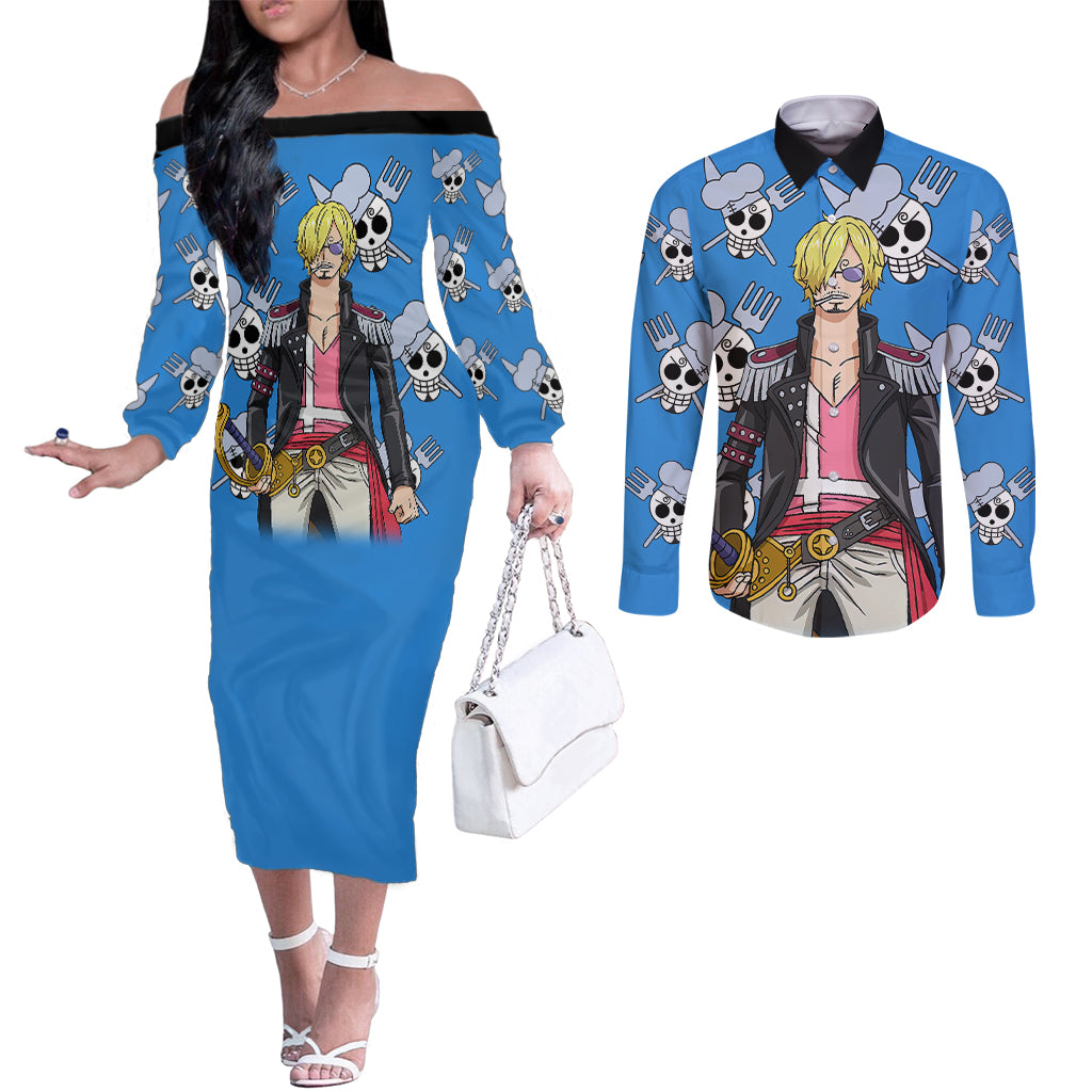 Vinsmoke Sanji Anime Movie Red Couples Matching Off The Shoulder Long Sleeve Dress and Long Sleeve Button Shirt