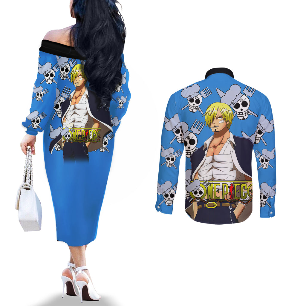 Vinsmoke Sanji Anime Movie Red Couples Matching Off The Shoulder Long Sleeve Dress and Long Sleeve Button Shirt