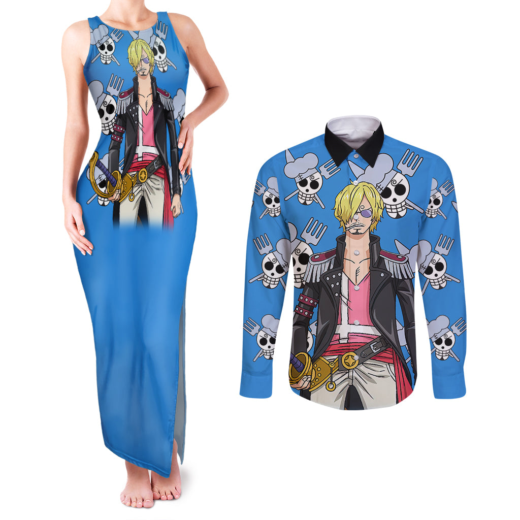 Vinsmoke Sanji Anime Movie Red Couples Matching Tank Maxi Dress and Long Sleeve Button Shirt