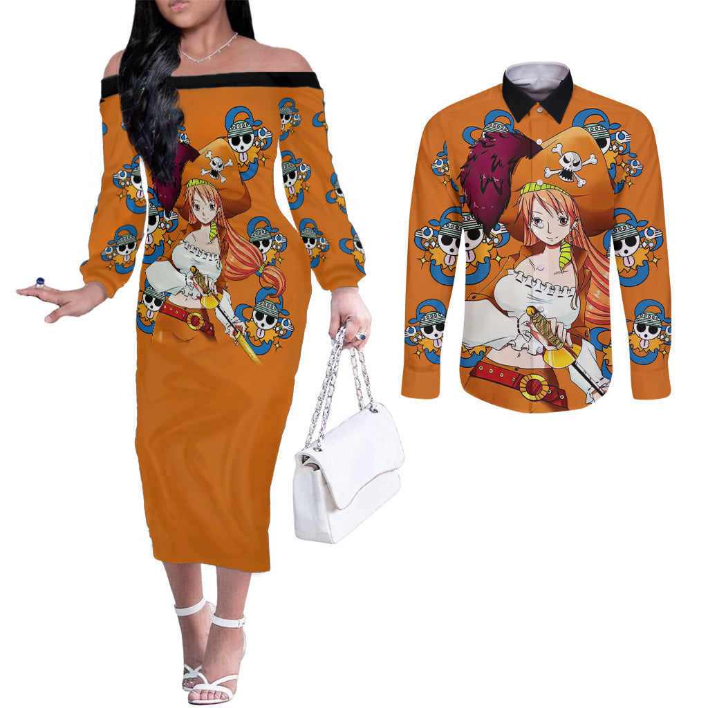 Nami - Anime Movie Red Couples Matching Off The Shoulder Long Sleeve Dress and Long Sleeve Button Shirt