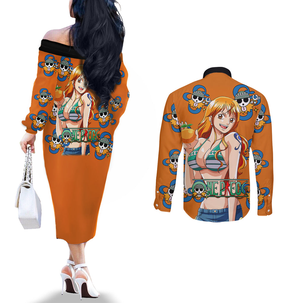 Nami - Anime Movie Red Couples Matching Off The Shoulder Long Sleeve Dress and Long Sleeve Button Shirt