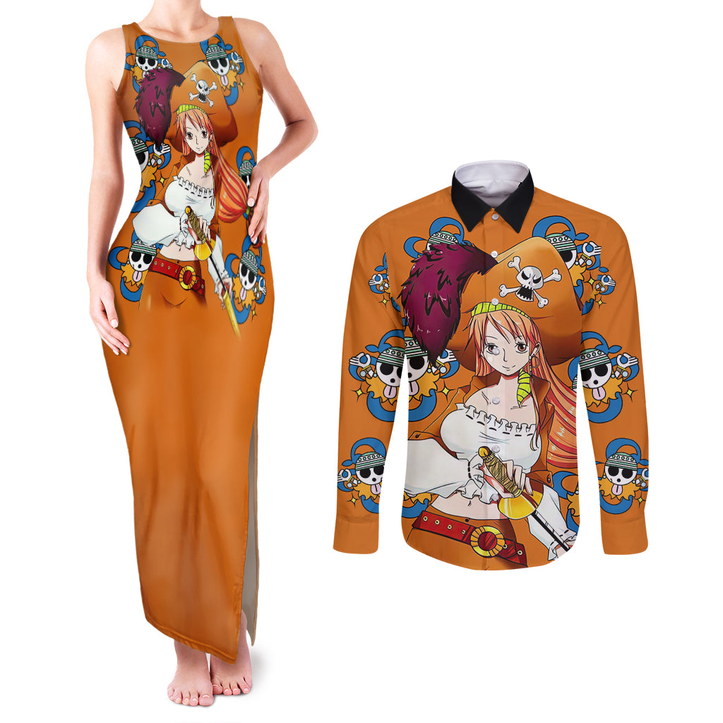 Nami - Anime Movie Red Couples Matching Tank Maxi Dress and Long Sleeve Button Shirt