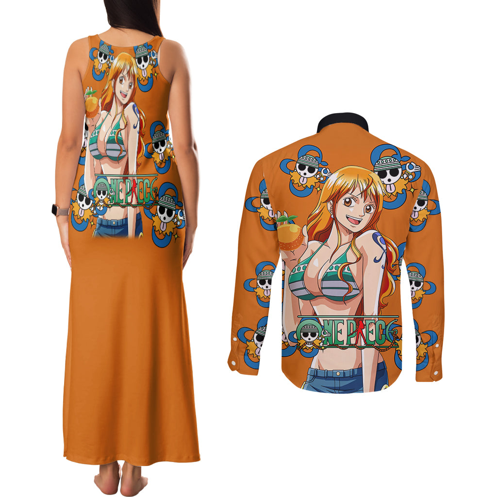 Nami - Anime Movie Red Couples Matching Tank Maxi Dress and Long Sleeve Button Shirt