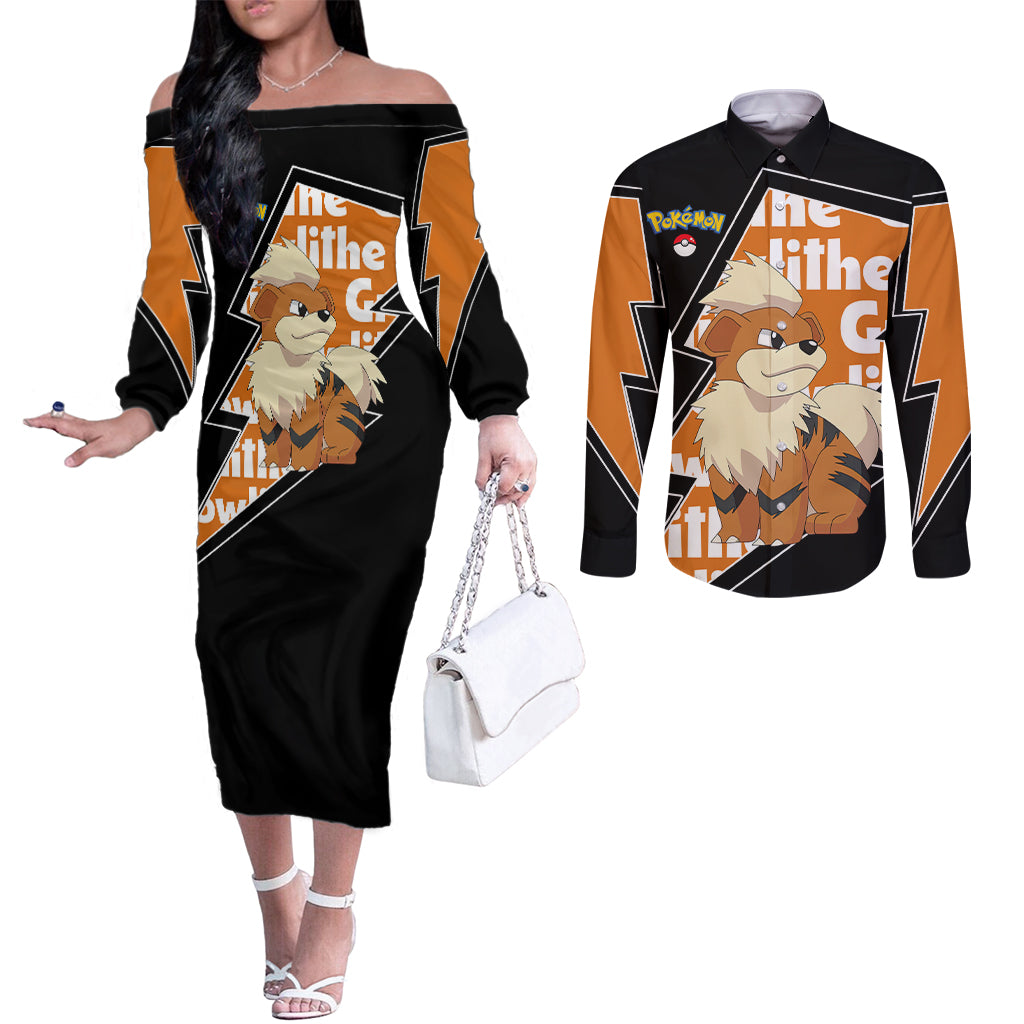 Growlithe Anime Lighting Style Couples Matching Off The Shoulder Long Sleeve Dress and Long Sleeve Button Shirt