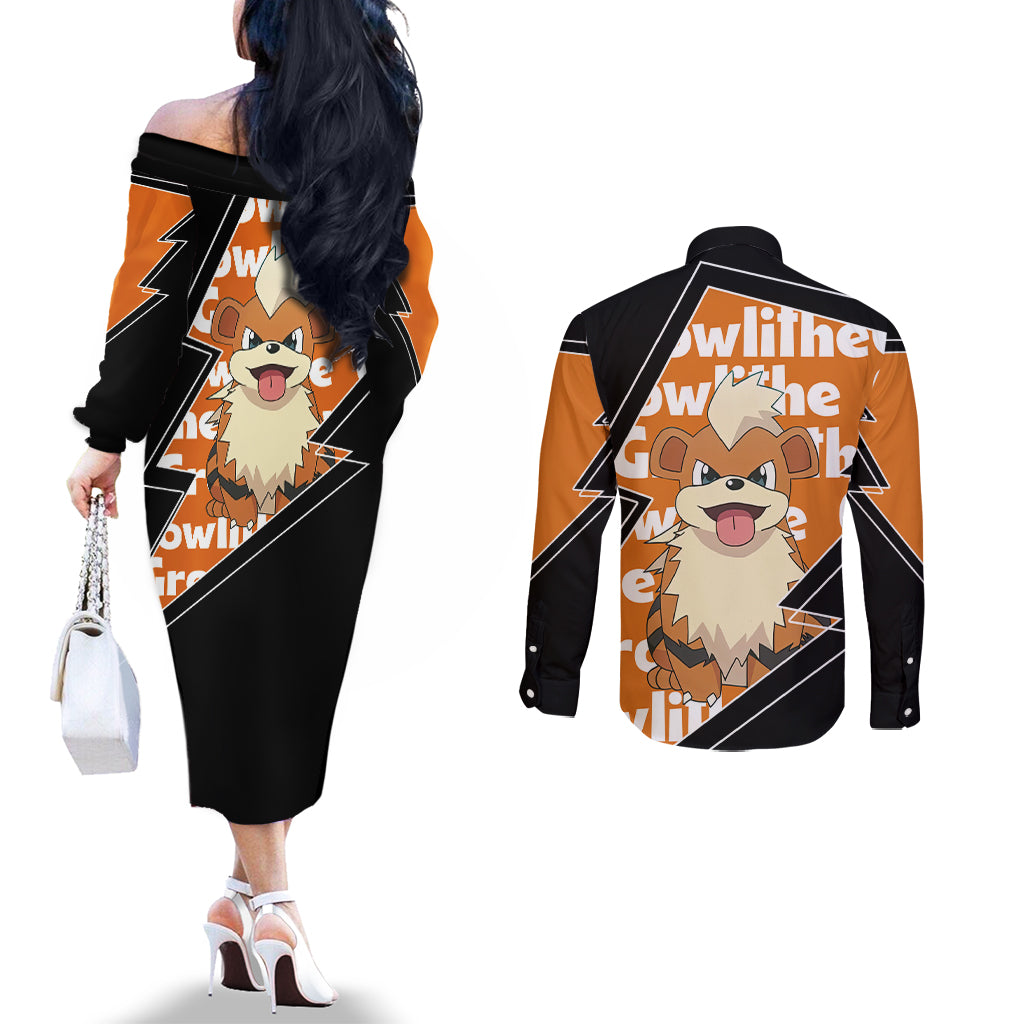 Growlithe Anime Lighting Style Couples Matching Off The Shoulder Long Sleeve Dress and Long Sleeve Button Shirt
