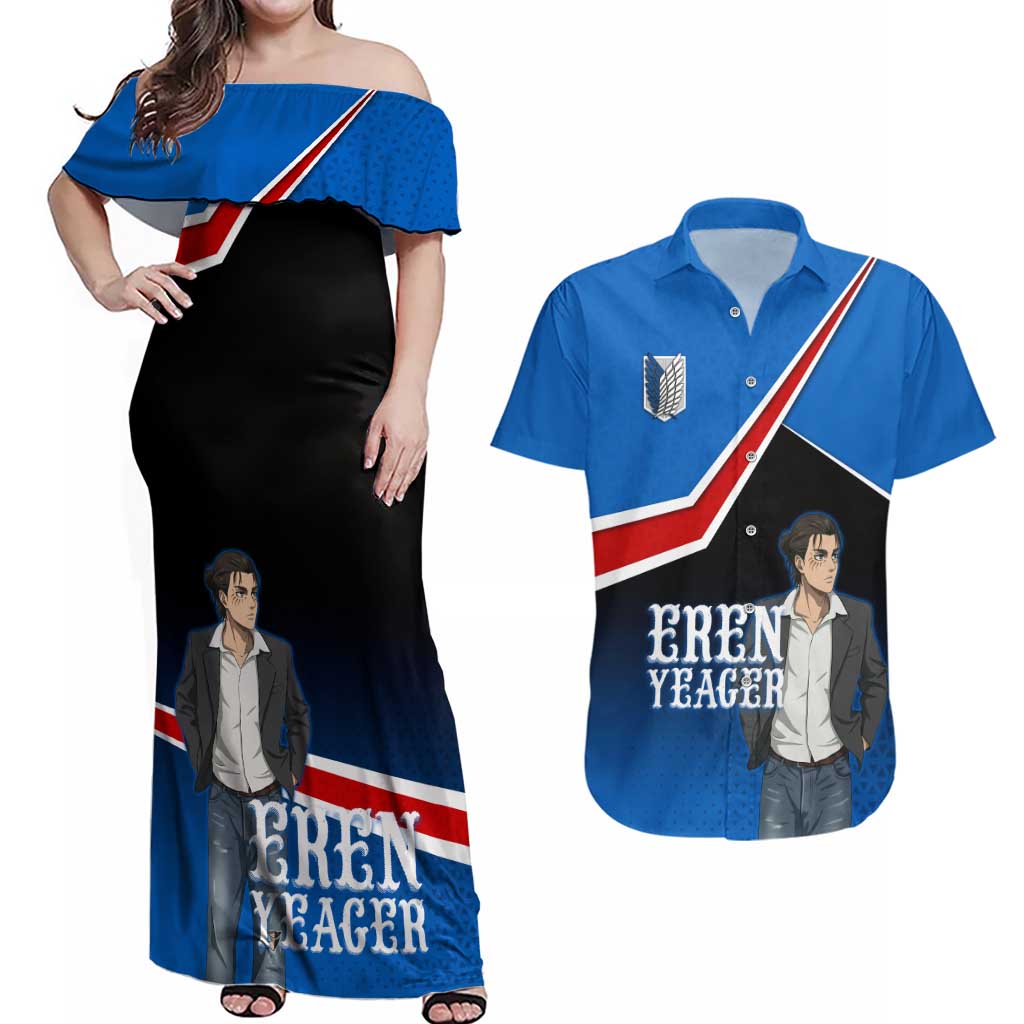 Eren Yeager Attack on Titan Couples Matching Off Shoulder Maxi Dress and Hawaiian Shirt Anime Modern Rebel Aesthetic