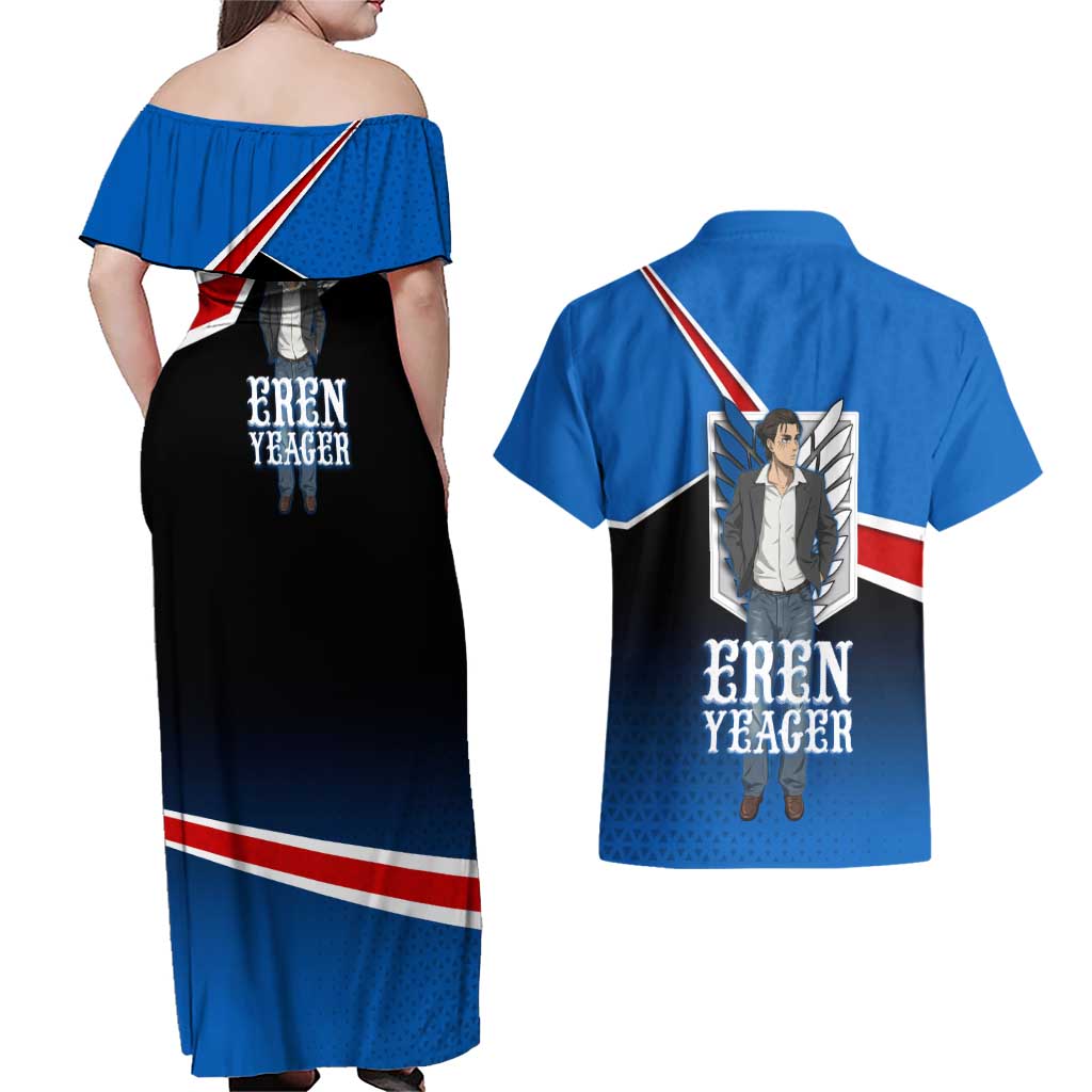 Eren Yeager Attack on Titan Couples Matching Off Shoulder Maxi Dress and Hawaiian Shirt Anime Modern Rebel Aesthetic