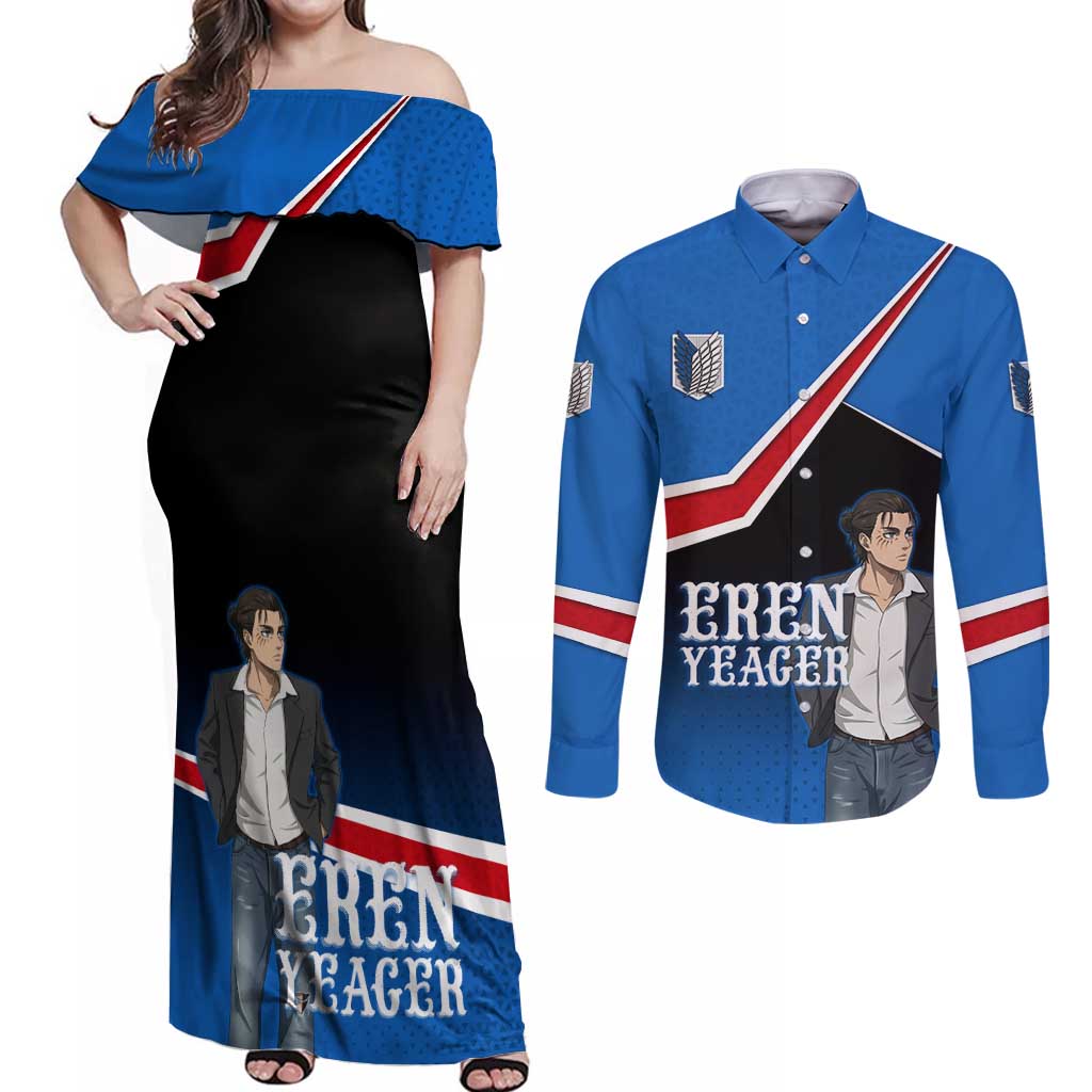 Eren Yeager Attack on Titan Couples Matching Off Shoulder Maxi Dress and Long Sleeve Button Shirt Anime Modern Rebel Aesthetic
