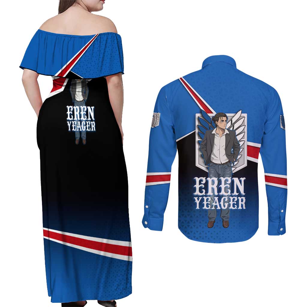 Eren Yeager Attack on Titan Couples Matching Off Shoulder Maxi Dress and Long Sleeve Button Shirt Anime Modern Rebel Aesthetic