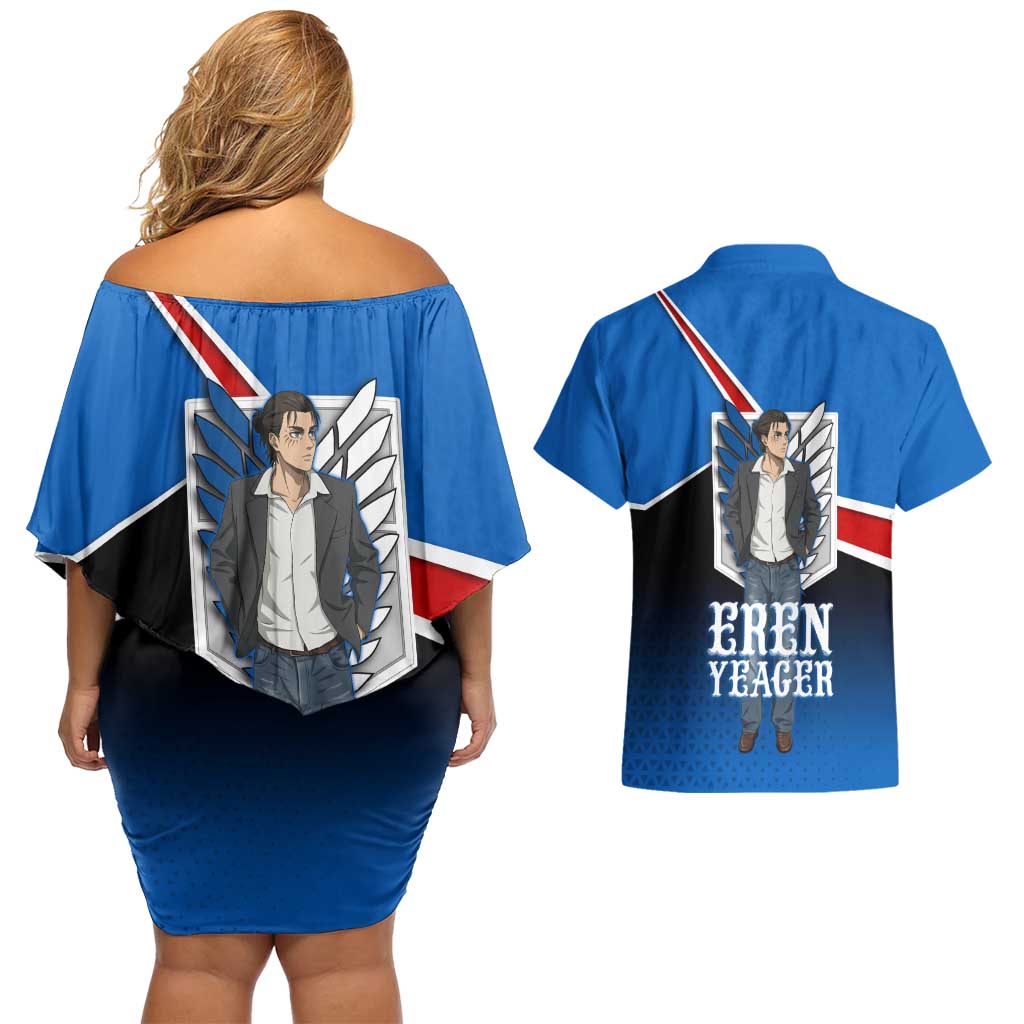 Eren Yeager Attack on Titan Couples Matching Off Shoulder Short Dress and Hawaiian Shirt Anime Modern Rebel Aesthetic