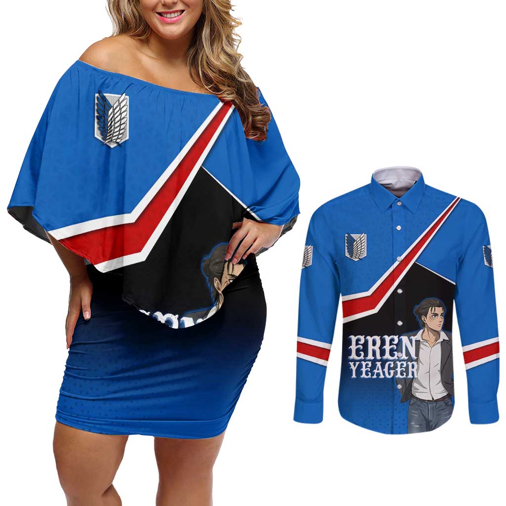 Eren Yeager Attack on Titan Couples Matching Off Shoulder Short Dress and Long Sleeve Button Shirt Anime Modern Rebel Aesthetic