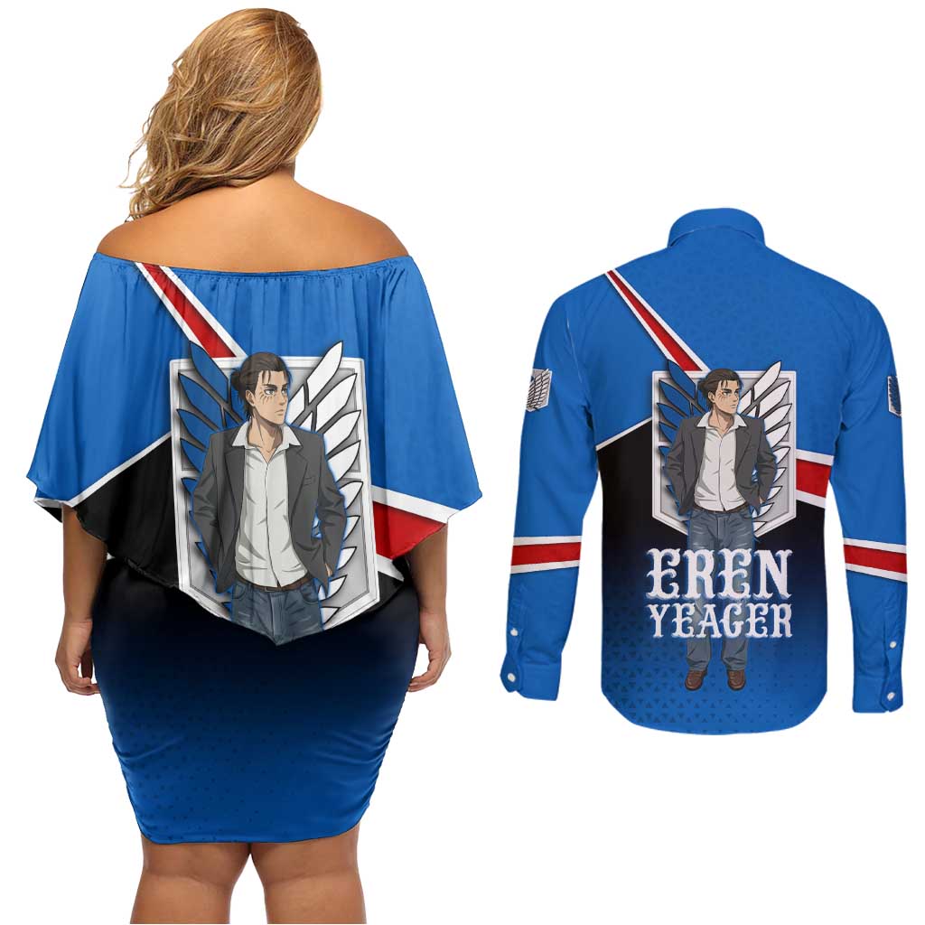 Eren Yeager Attack on Titan Couples Matching Off Shoulder Short Dress and Long Sleeve Button Shirt Anime Modern Rebel Aesthetic