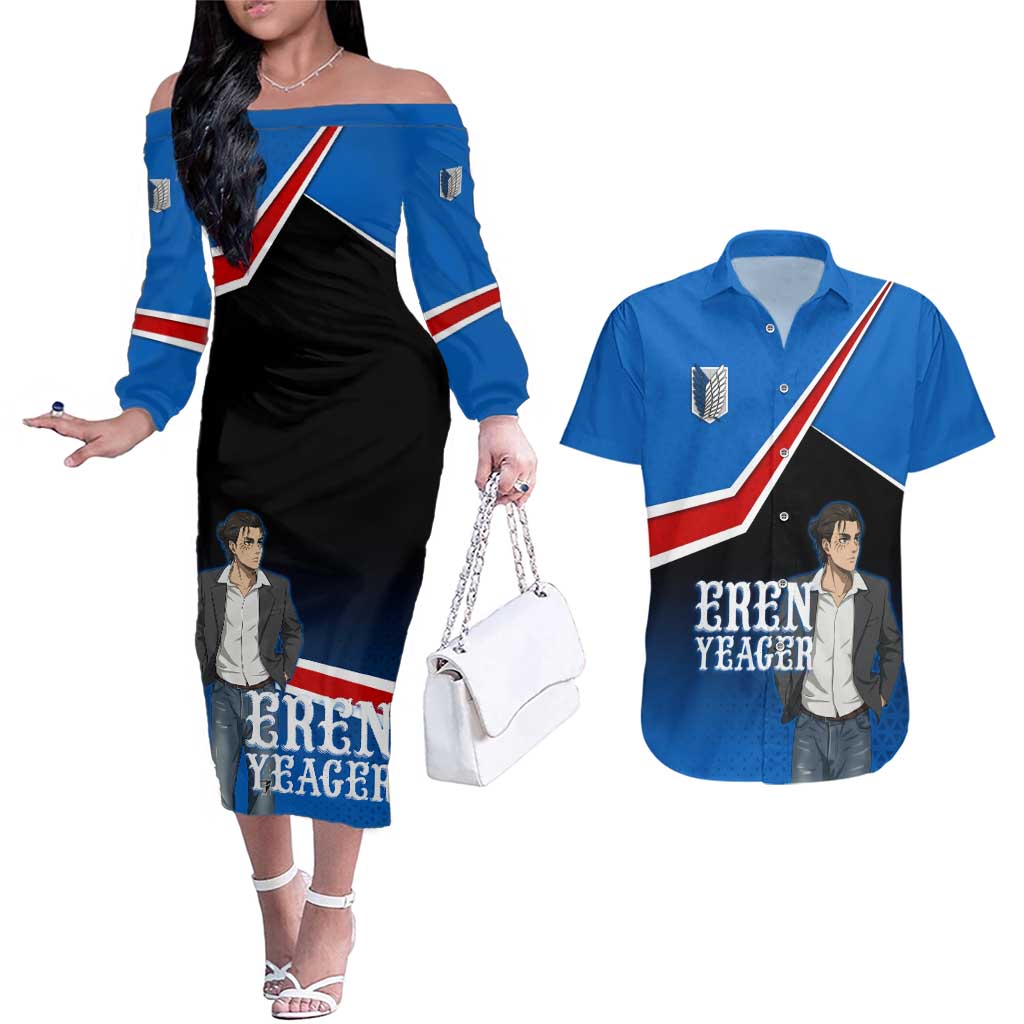 Eren Yeager Attack on Titan Couples Matching Off The Shoulder Long Sleeve Dress and Hawaiian Shirt Anime Modern Rebel Aesthetic