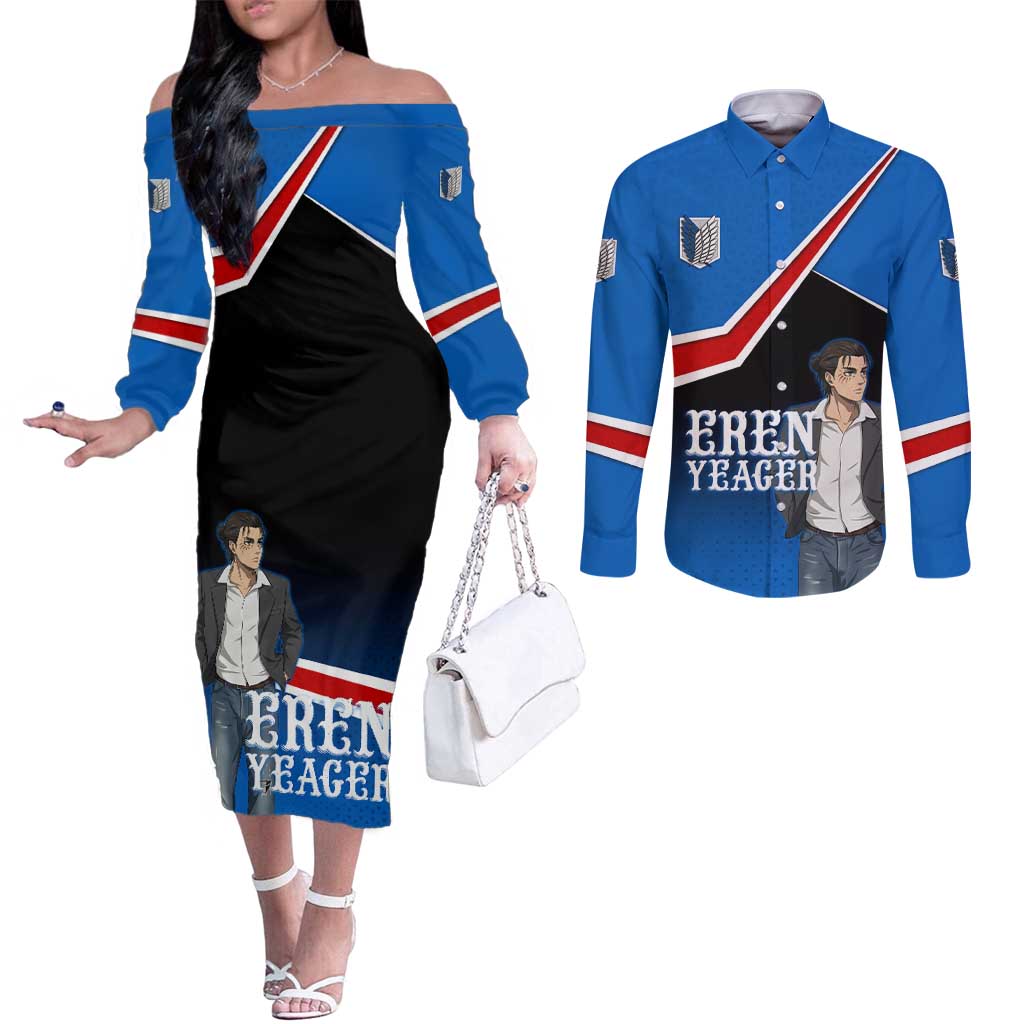 Eren Yeager Attack on Titan Couples Matching Off The Shoulder Long Sleeve Dress and Long Sleeve Button Shirt Anime Modern Rebel Aesthetic