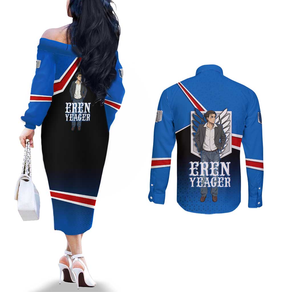 Eren Yeager Attack on Titan Couples Matching Off The Shoulder Long Sleeve Dress and Long Sleeve Button Shirt Anime Modern Rebel Aesthetic