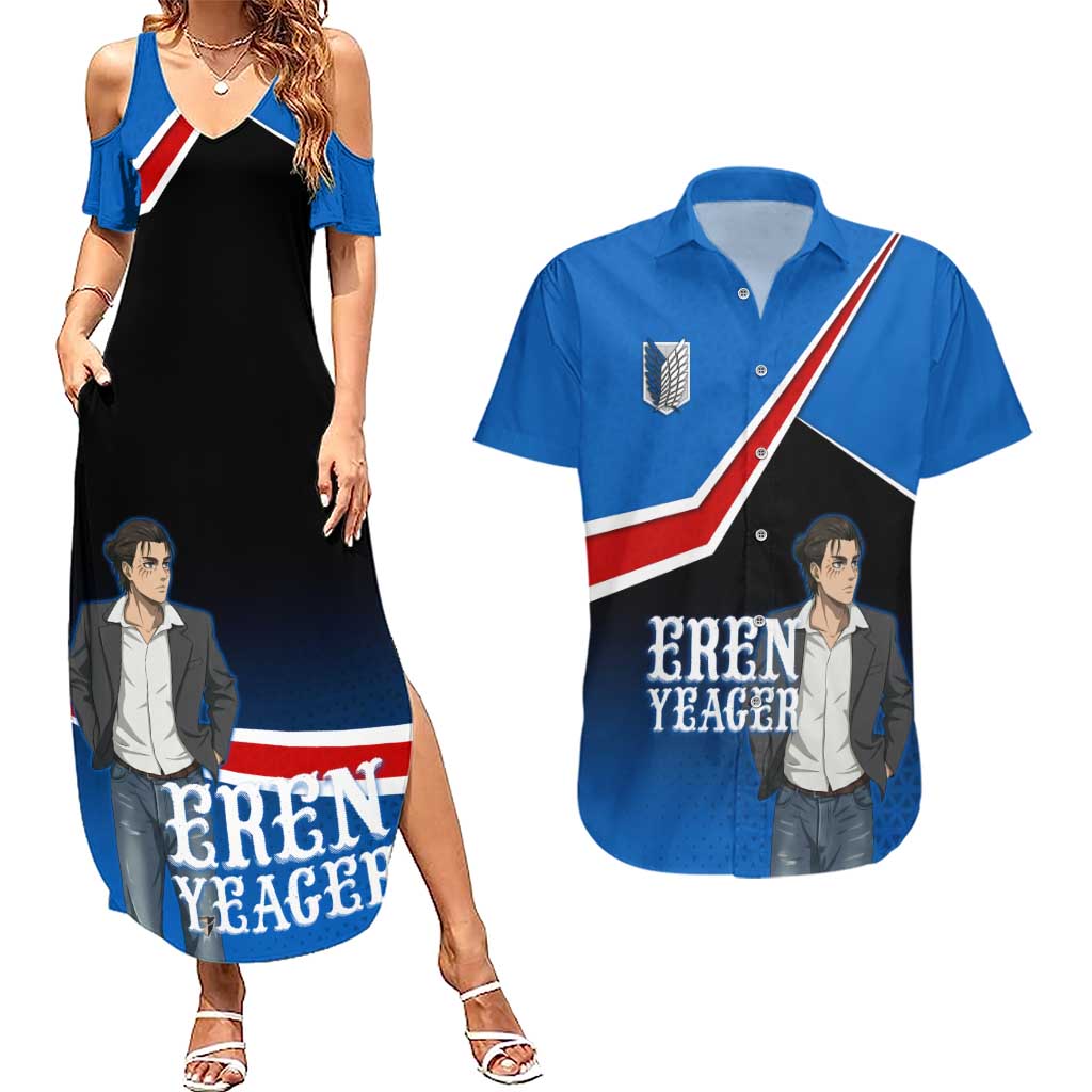 Eren Yeager Attack on Titan Couples Matching Summer Maxi Dress and Hawaiian Shirt Anime Modern Rebel Aesthetic