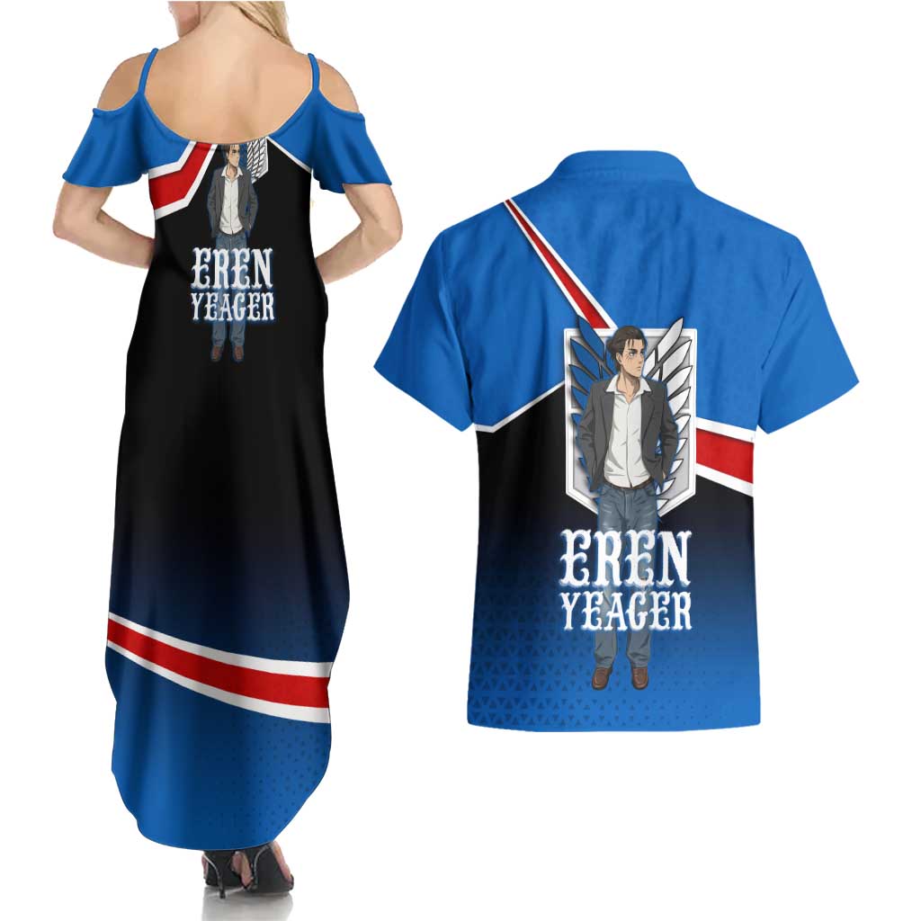Eren Yeager Attack on Titan Couples Matching Summer Maxi Dress and Hawaiian Shirt Anime Modern Rebel Aesthetic