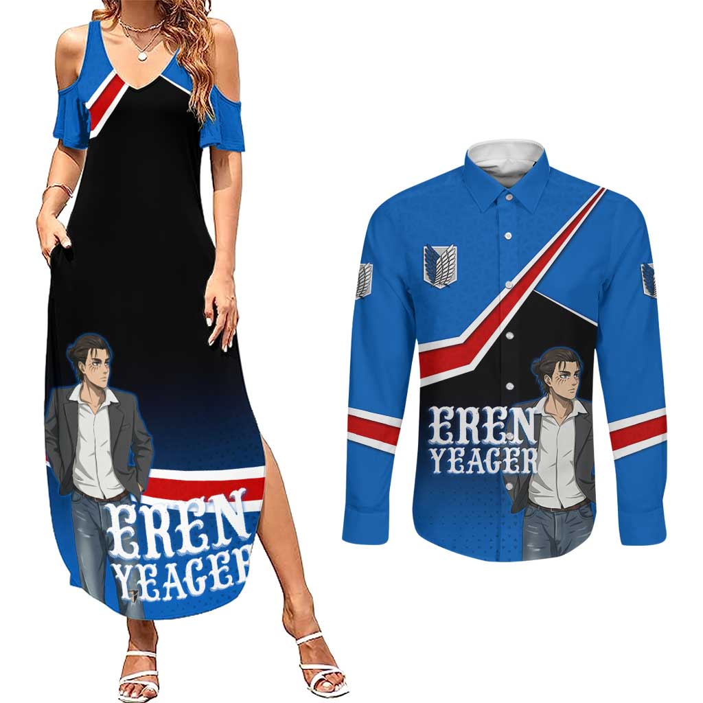 Eren Yeager Attack on Titan Couples Matching Summer Maxi Dress and Long Sleeve Button Shirt Anime Modern Rebel Aesthetic