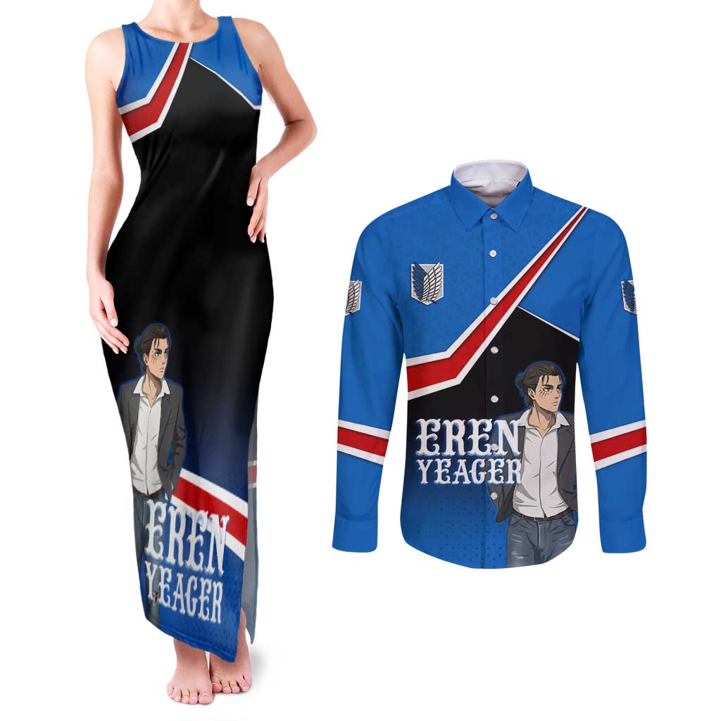 Eren Yeager Attack on Titan Couples Matching Tank Maxi Dress and Long Sleeve Button Shirt Anime Modern Rebel Aesthetic