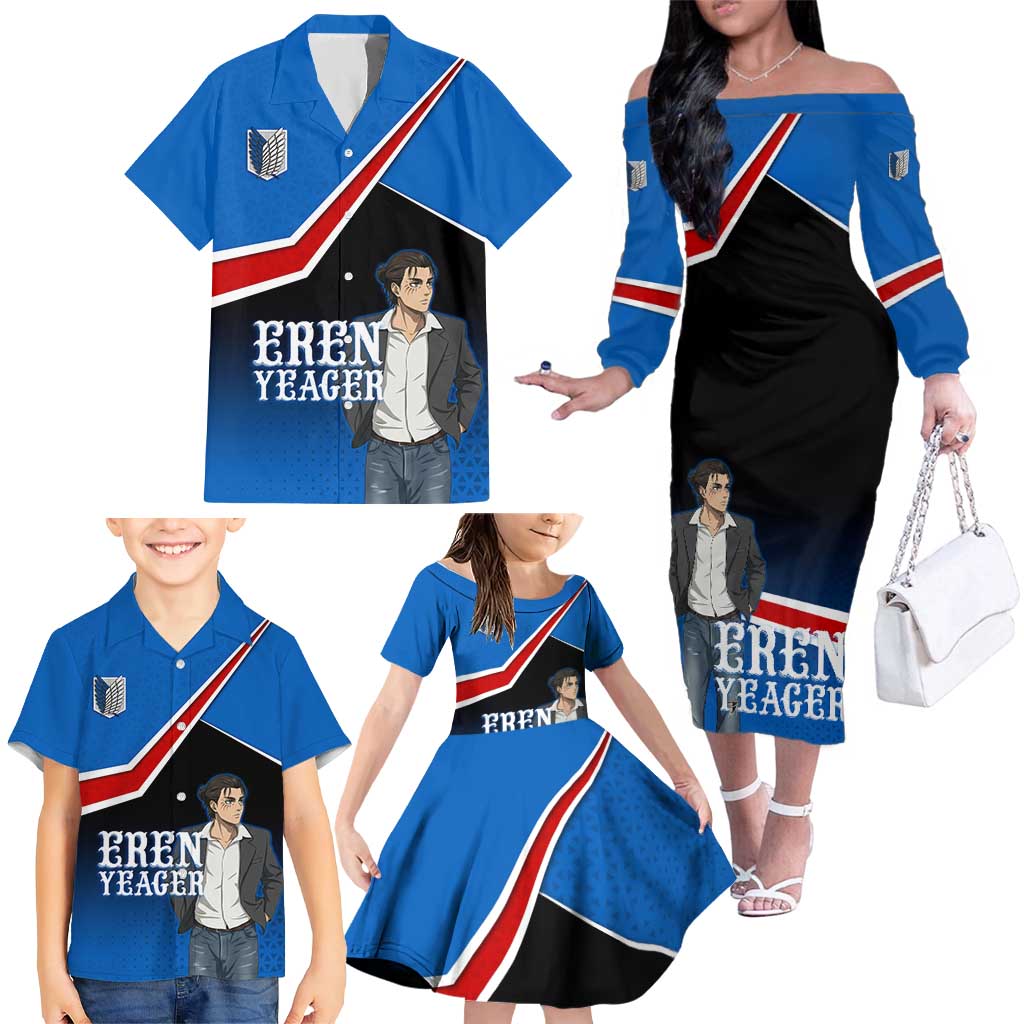 Eren Yeager Attack on Titan Family Matching Off The Shoulder Long Sleeve Dress and Hawaiian Shirt Anime Modern Rebel Aesthetic