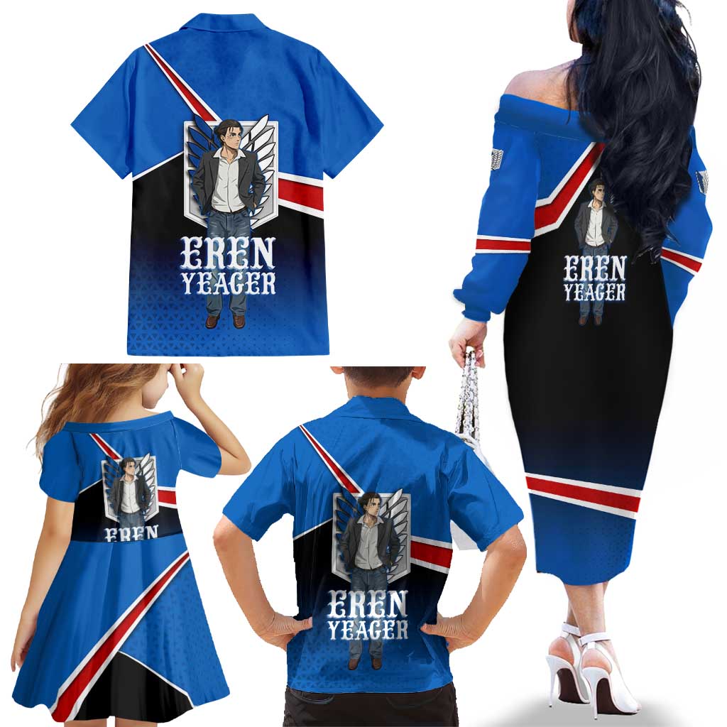 Eren Yeager Attack on Titan Family Matching Off The Shoulder Long Sleeve Dress and Hawaiian Shirt Anime Modern Rebel Aesthetic