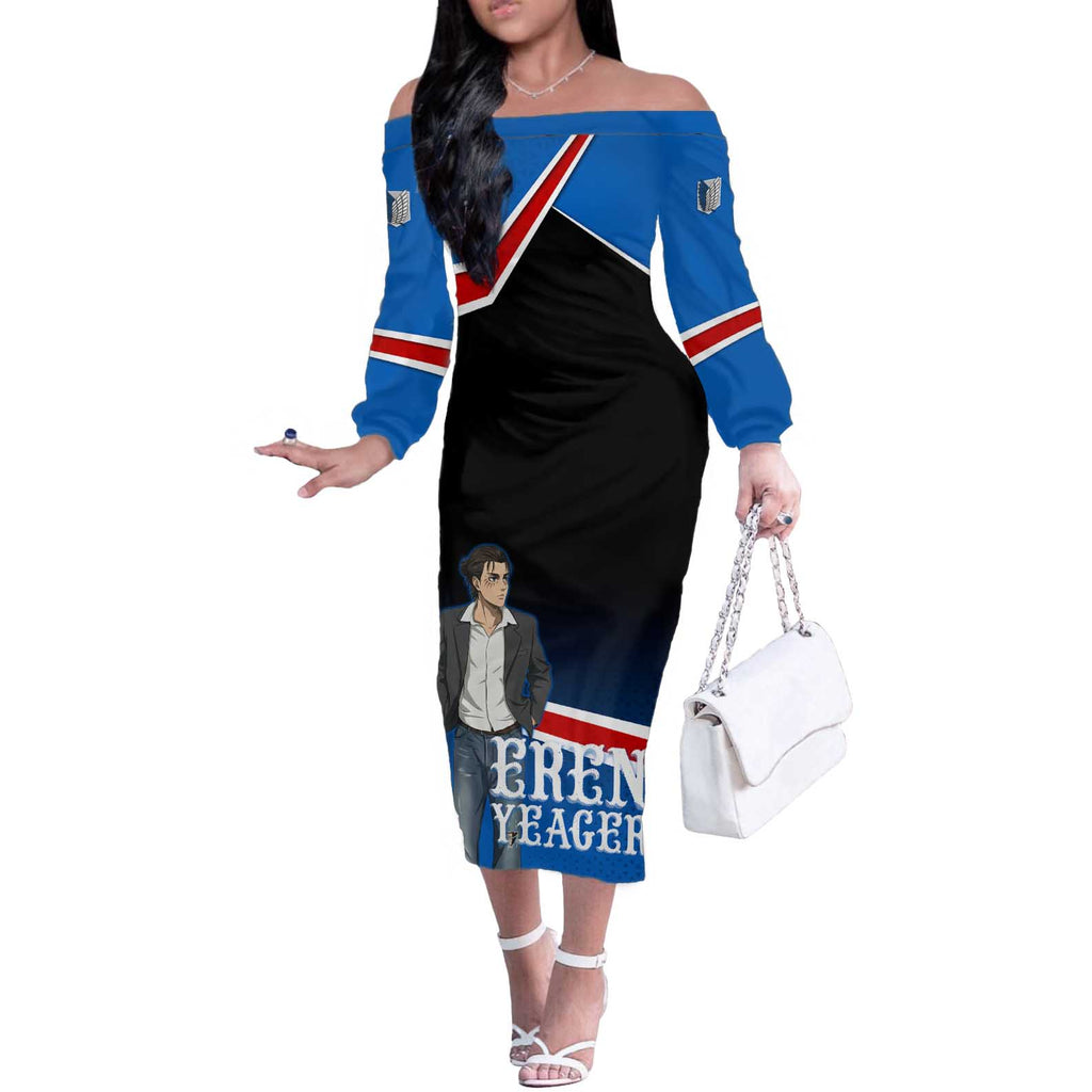 Eren Yeager Attack on Titan Off The Shoulder Long Sleeve Dress Anime Modern Rebel Aesthetic