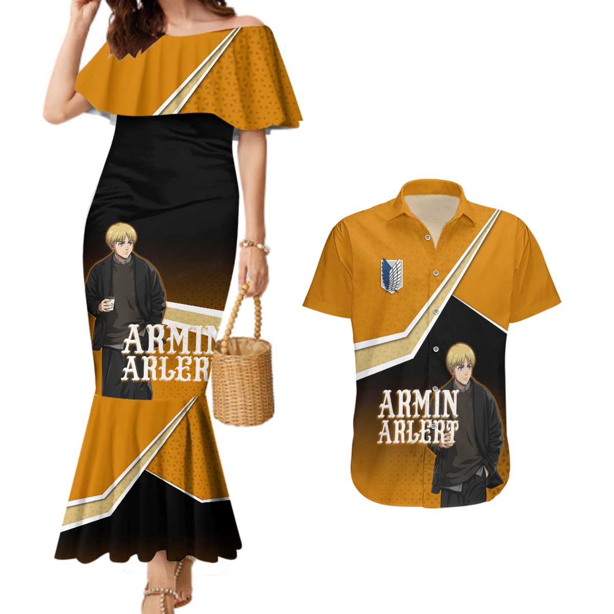 Armin Arlert Attack on Titan Couples Matching Mermaid Dress and Hawaiian Shirt Anime Casual Coffeehouse Style