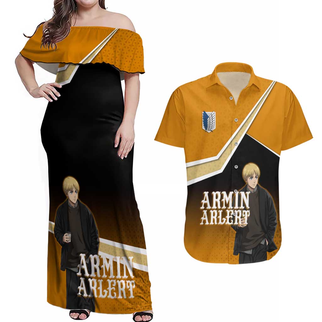 Armin Arlert Attack on Titan Couples Matching Off Shoulder Maxi Dress and Hawaiian Shirt Anime Casual Coffeehouse Style