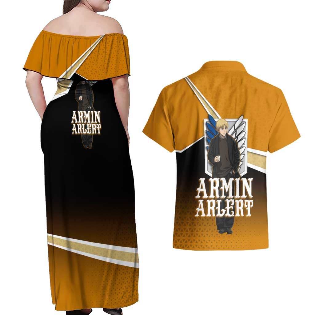 Armin Arlert Attack on Titan Couples Matching Off Shoulder Maxi Dress and Hawaiian Shirt Anime Casual Coffeehouse Style