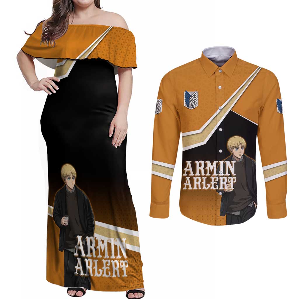 Armin Arlert Attack on Titan Couples Matching Off Shoulder Maxi Dress and Long Sleeve Button Shirt Anime Casual Coffeehouse Style