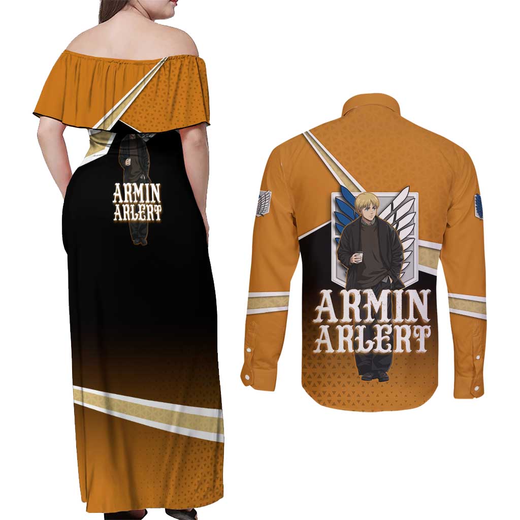 Armin Arlert Attack on Titan Couples Matching Off Shoulder Maxi Dress and Long Sleeve Button Shirt Anime Casual Coffeehouse Style