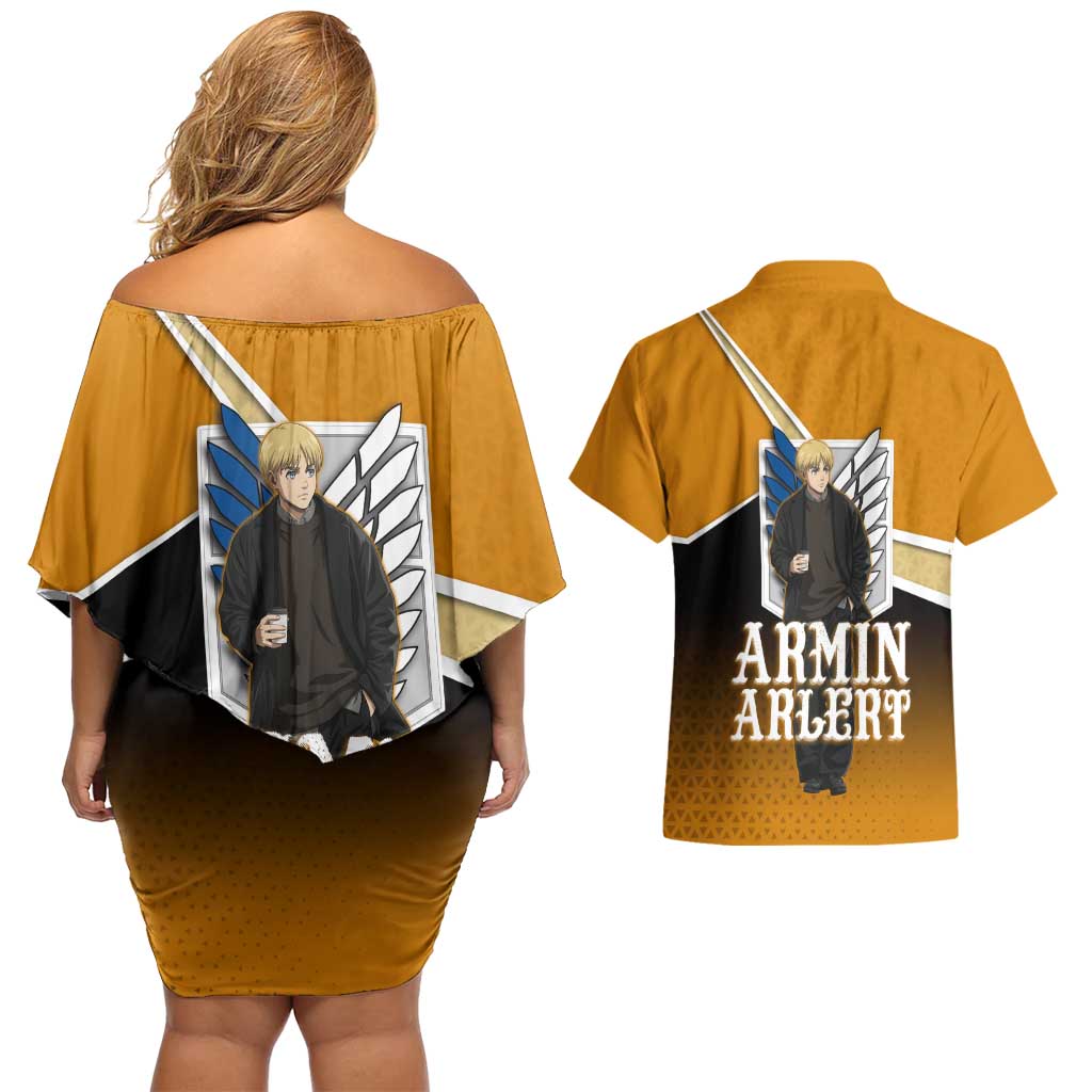 Armin Arlert Attack on Titan Couples Matching Off Shoulder Short Dress and Hawaiian Shirt Anime Casual Coffeehouse Style