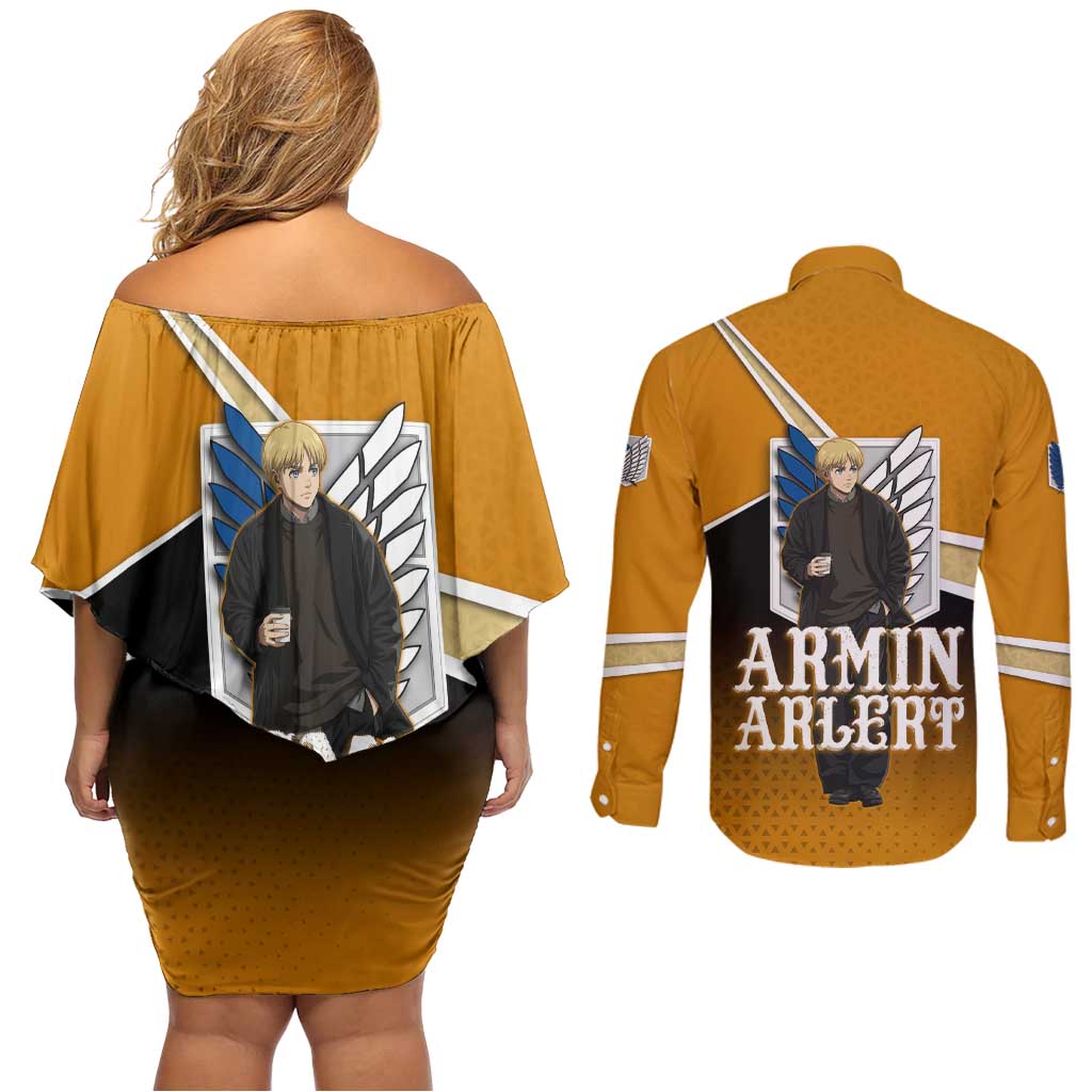 Armin Arlert Attack on Titan Couples Matching Off Shoulder Short Dress and Long Sleeve Button Shirt Anime Casual Coffeehouse Style