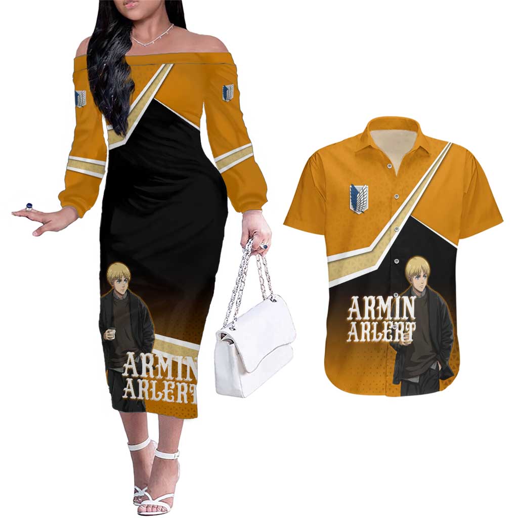 Armin Arlert Attack on Titan Couples Matching Off The Shoulder Long Sleeve Dress and Hawaiian Shirt Anime Casual Coffeehouse Style
