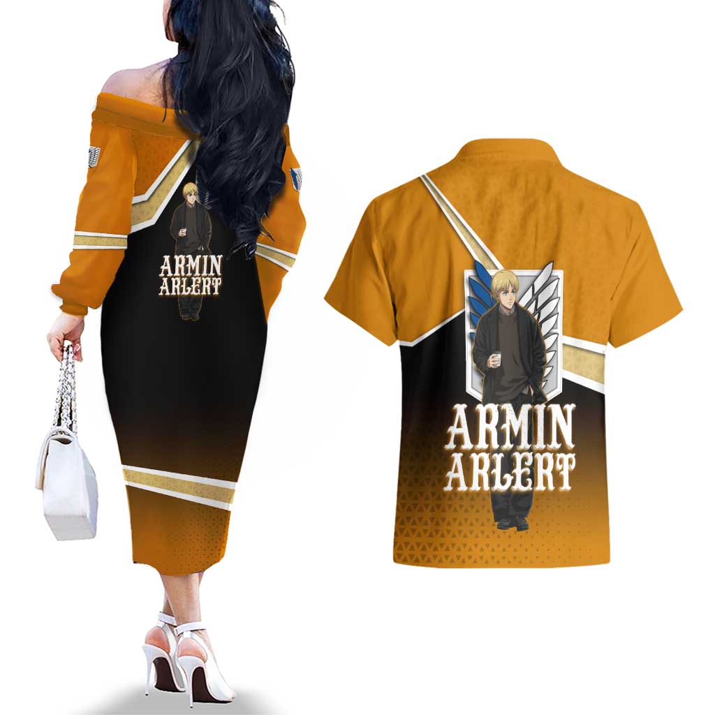 Armin Arlert Attack on Titan Couples Matching Off The Shoulder Long Sleeve Dress and Hawaiian Shirt Anime Casual Coffeehouse Style