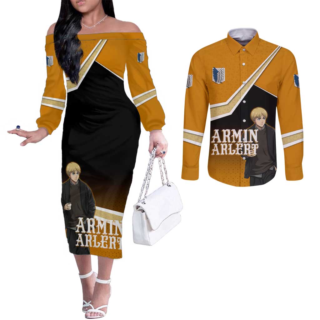 Armin Arlert Attack on Titan Couples Matching Off The Shoulder Long Sleeve Dress and Long Sleeve Button Shirt Anime Casual Coffeehouse Style