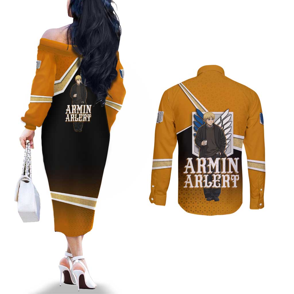 Armin Arlert Attack on Titan Couples Matching Off The Shoulder Long Sleeve Dress and Long Sleeve Button Shirt Anime Casual Coffeehouse Style