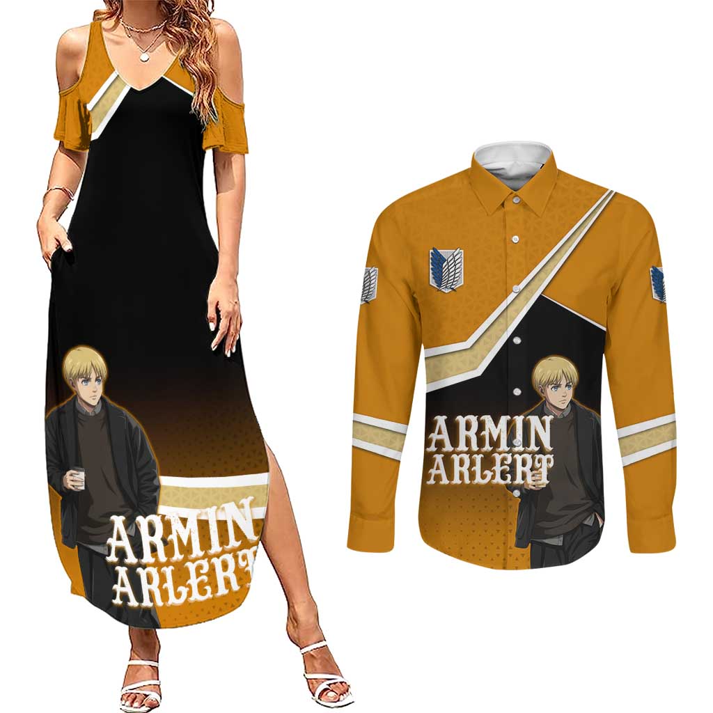 Armin Arlert Attack on Titan Couples Matching Summer Maxi Dress and Long Sleeve Button Shirt Anime Casual Coffeehouse Style