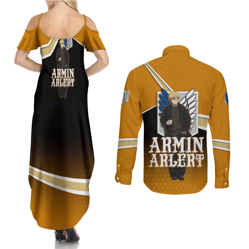 Armin Arlert Attack on Titan Couples Matching Summer Maxi Dress and Long Sleeve Button Shirt Anime Casual Coffeehouse Style