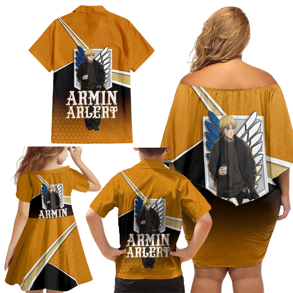 Armin Arlert Attack on Titan Family Matching Off Shoulder Short Dress and Hawaiian Shirt Anime Casual Coffeehouse Style