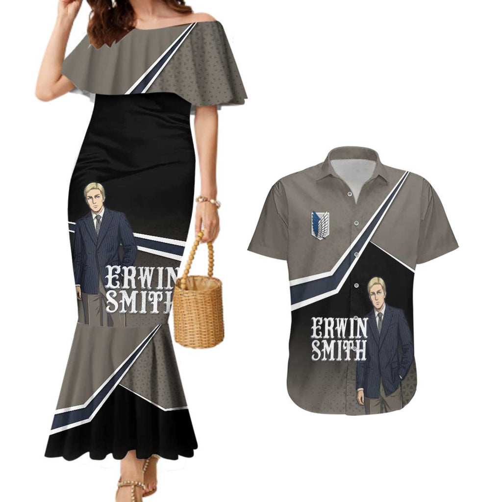 Erwin Smith Attack on Titan Couples Matching Mermaid Dress and Hawaiian Shirt Anime Executive Suit Aesthetic