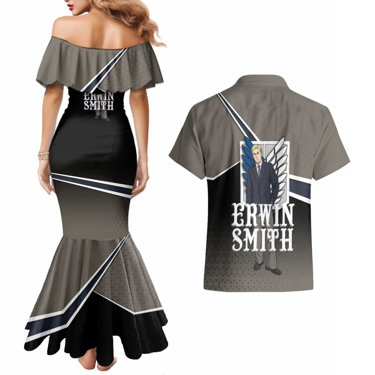 Erwin Smith Attack on Titan Couples Matching Mermaid Dress and Hawaiian Shirt Anime Executive Suit Aesthetic