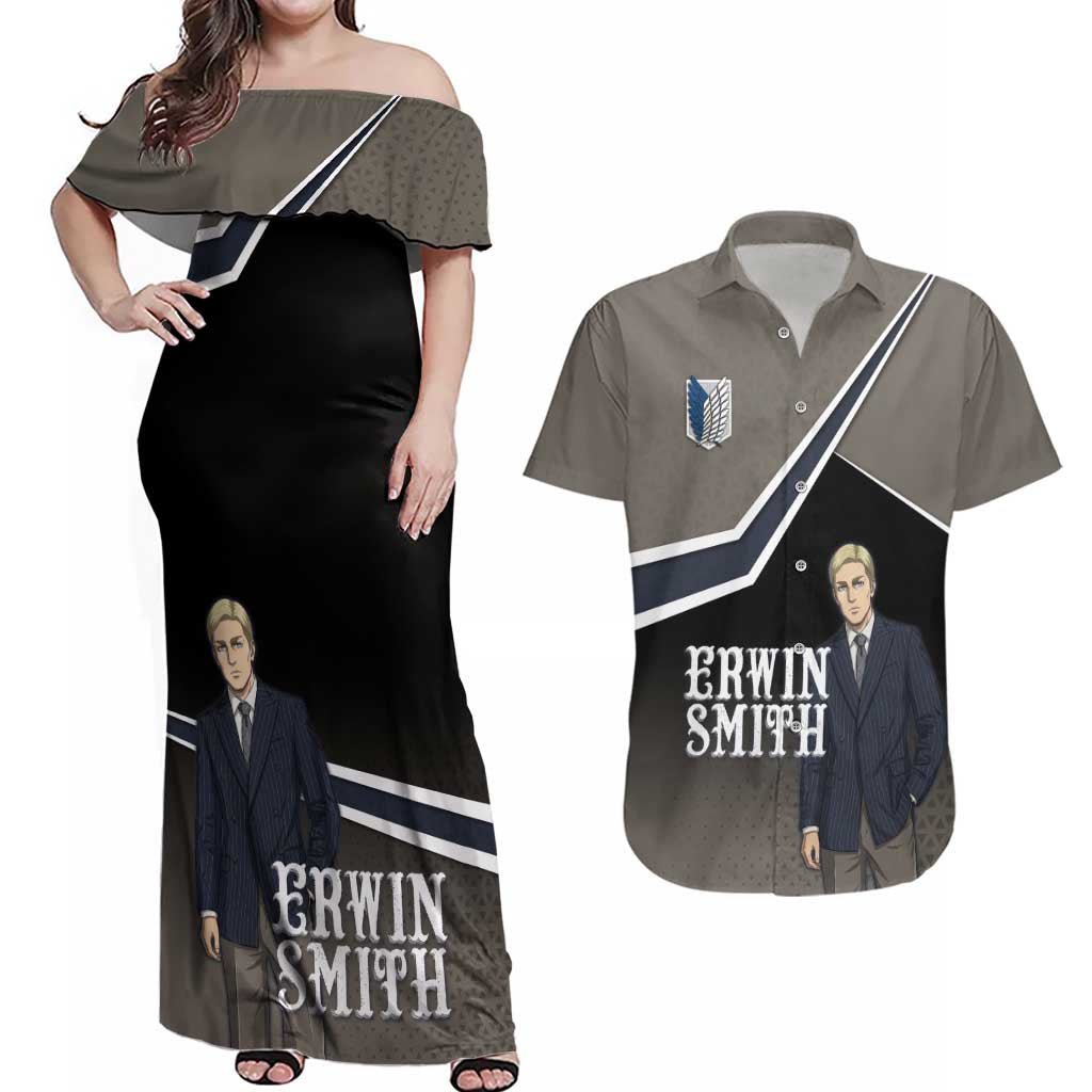 Erwin Smith Attack on Titan Couples Matching Off Shoulder Maxi Dress and Hawaiian Shirt Anime Executive Suit Aesthetic