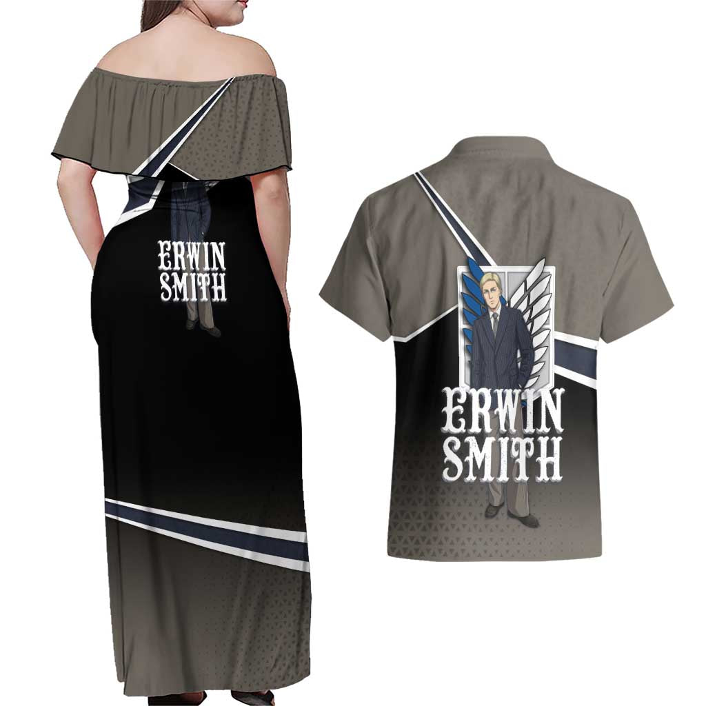 Erwin Smith Attack on Titan Couples Matching Off Shoulder Maxi Dress and Hawaiian Shirt Anime Executive Suit Aesthetic