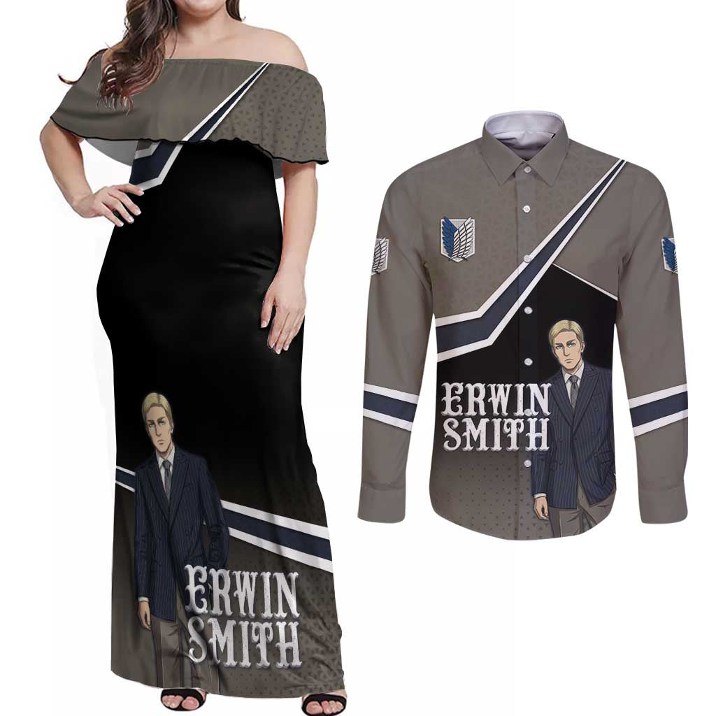 Erwin Smith Attack on Titan Couples Matching Off Shoulder Maxi Dress and Long Sleeve Button Shirt Anime Executive Suit Aesthetic