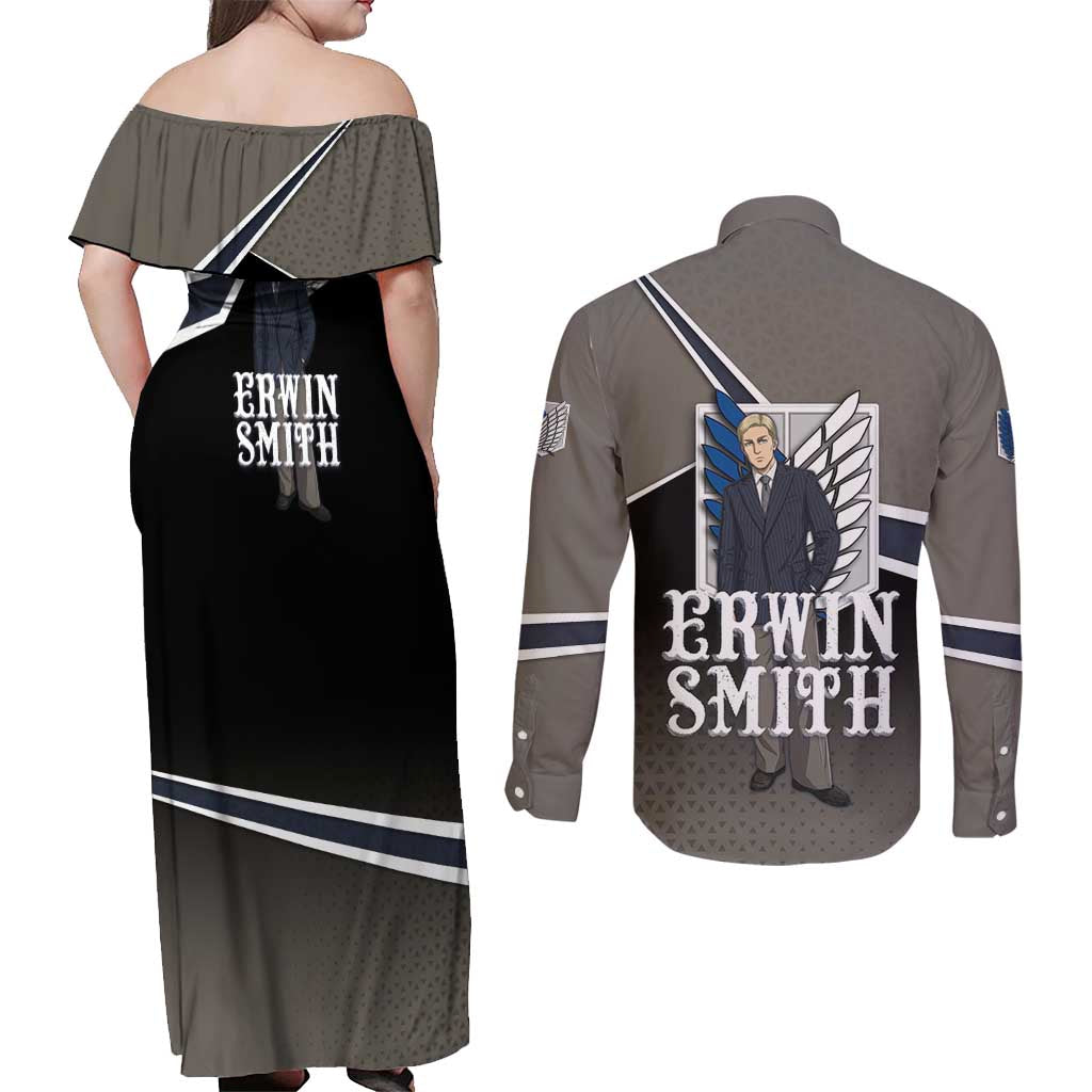 Erwin Smith Attack on Titan Couples Matching Off Shoulder Maxi Dress and Long Sleeve Button Shirt Anime Executive Suit Aesthetic