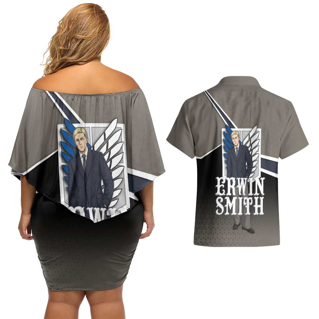 Erwin Smith Attack on Titan Couples Matching Off Shoulder Short Dress and Hawaiian Shirt Anime Executive Suit Aesthetic