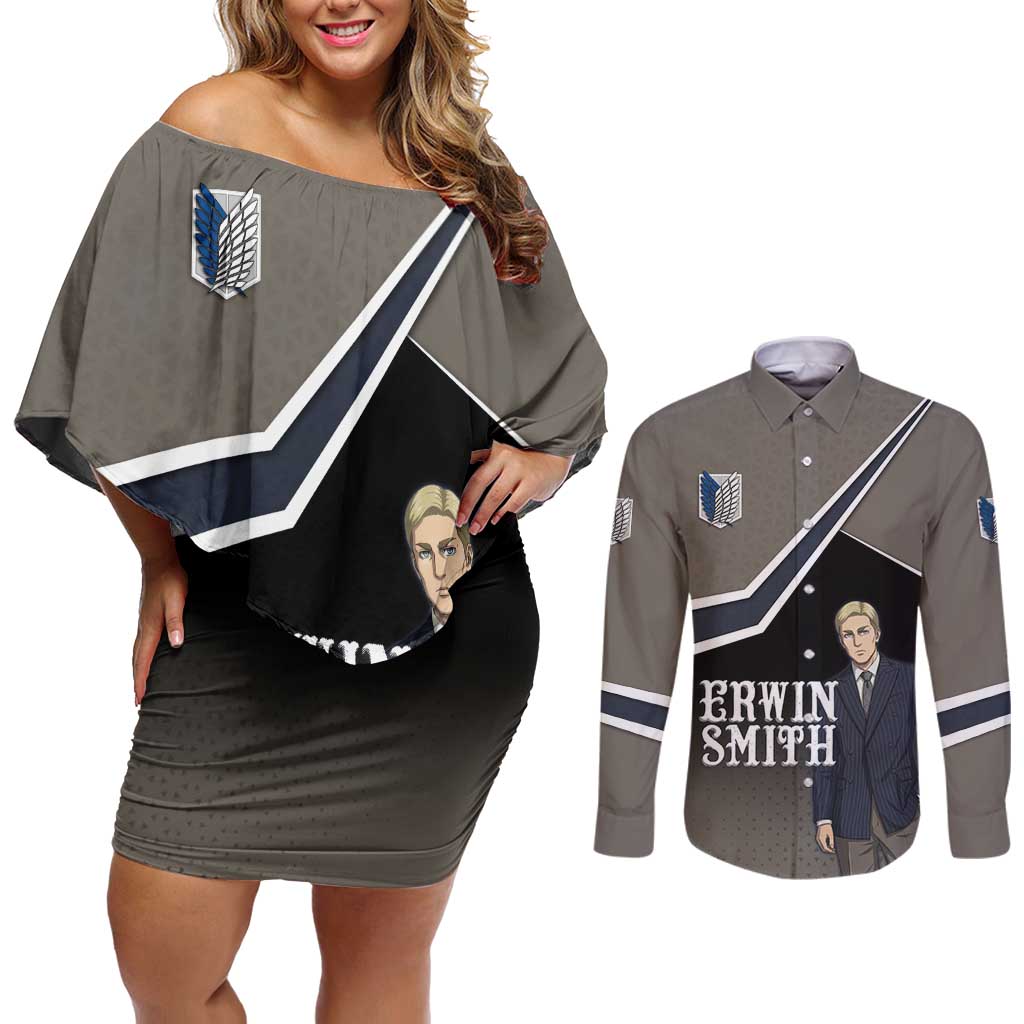 Erwin Smith Attack on Titan Couples Matching Off Shoulder Short Dress and Long Sleeve Button Shirt Anime Executive Suit Aesthetic